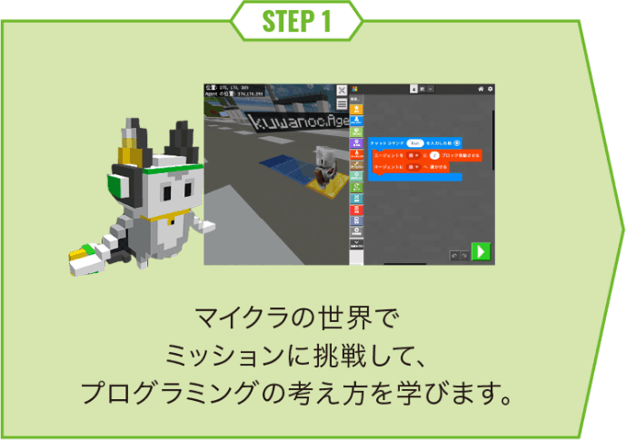 マイクラの世界でミッションに挑戦して、プログラミンの考え方を学びます。